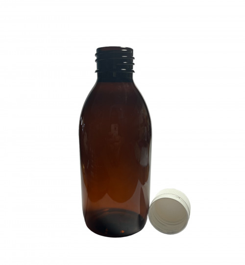 PET flakon, barna + fehér kupak P - 125 ml, Ø28-as száj, 100x
