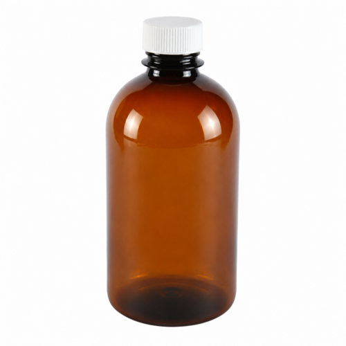 PET flakon, barna + fehér kupak A - 250 ml, Ø28-as száj, 100x