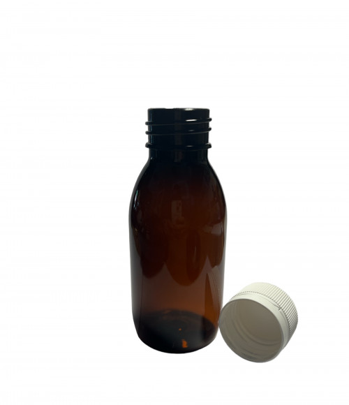 PET flakon, barna + fehér kupak P - 250 ml, Ø28-as száj, 70x