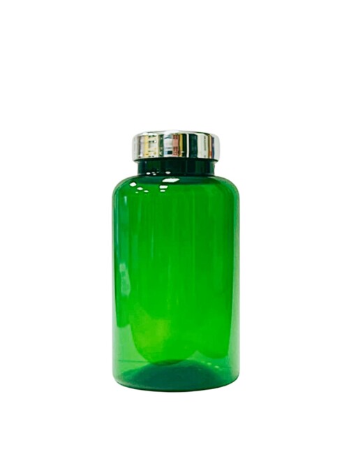 Gyógyszeres flakon, csavaros ezüst tetővel, zárókoronggal, zöld - 120 ml 38/400 - 320x
