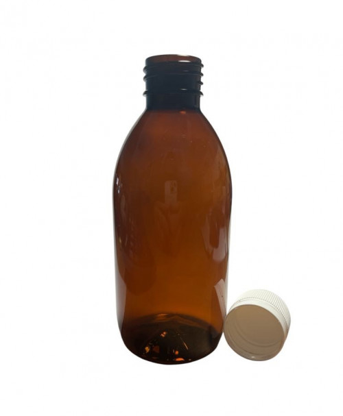 PET flakon, barna + GZ fehér kupak P - 100 ml, Ø 28-as száj, 100x