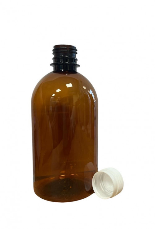 PET flakon, barna + fehér kupak P - 500 ml, Ø28-as száj, 30x
