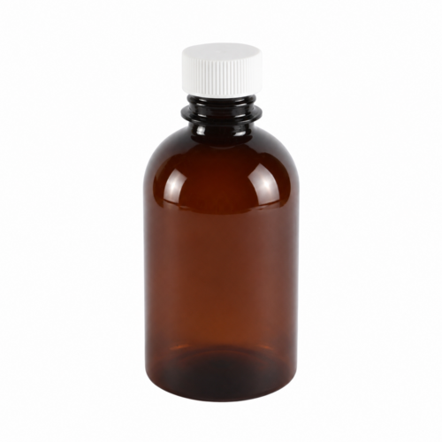 PET flakon, barna + GZ fehér kupak P - 300 ml, Ø28-as száj, 50x