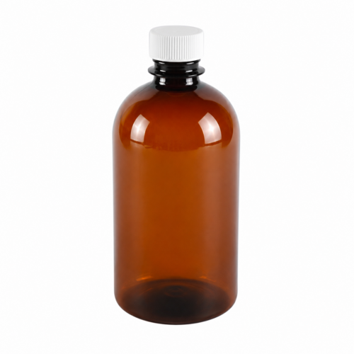 PET flakon, barna + fehér kupak A - 200 ml, Ø28-as száj, 100x