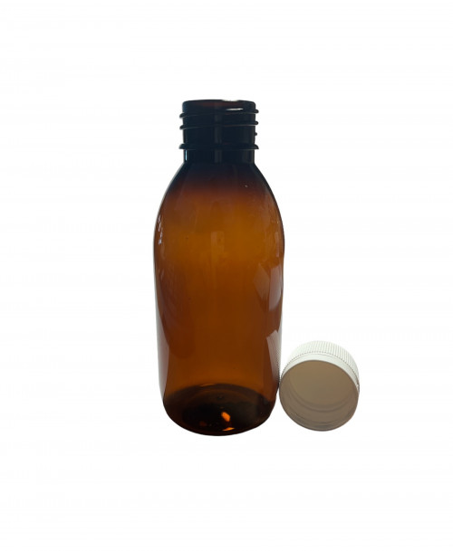 PET flakon, barna + fehér kupak P - 150 ml, Ø28-as száj, 100x