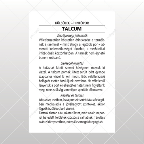 Biztonságtechnikai címke Talcumhoz – 45x70 mm, 100x
