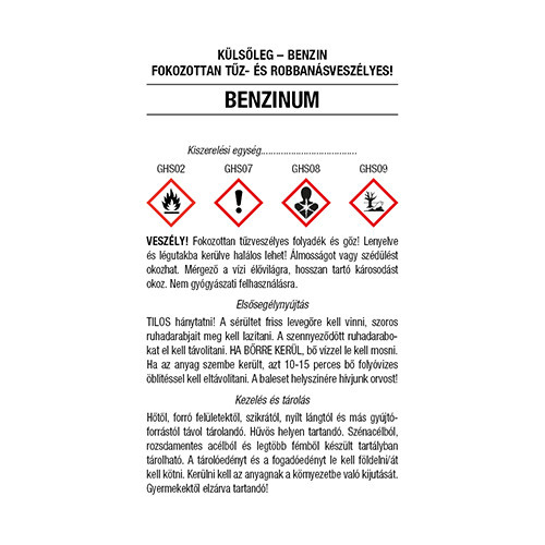 Biztonságtechnikai címke Benzinhez – 45x70 mm, 100x