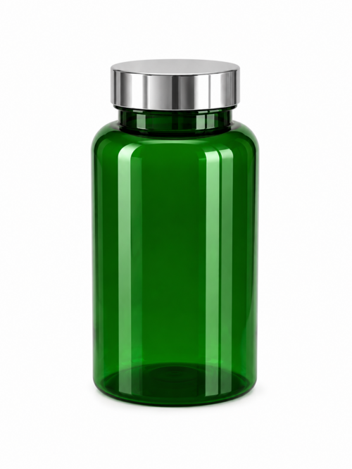 Gyógyszeres flakon, csavaros ezüst tetővel, zárókoronggal, zöld - 120 ml 38/400 - 320x
