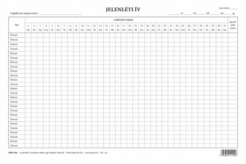Jelenléti ív, A/3 méretű - havi - 10x