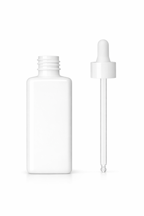 Műanyag négyzetes flakon, fehér 20/410, 90ml + pipetta - 50x