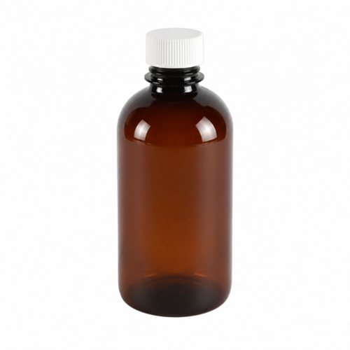 PET flakon, barna + fehér kupak A - 150 ml, Ø28-as száj, 150x