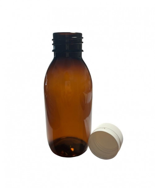 PET flakon, barna + fehér kupak P - 200 ml, Ø28-as száj, 70x