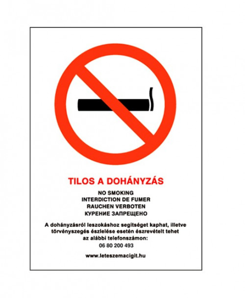 Tilos a dohányzás, PVC tábla (20x30 cm, A/4 méret)