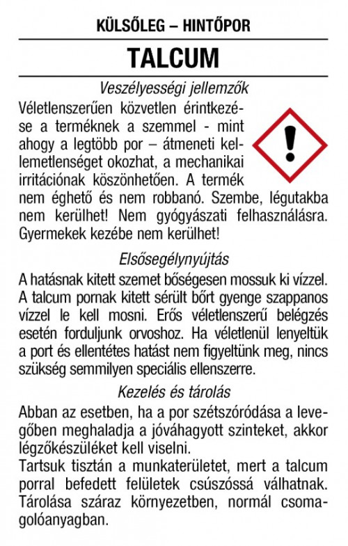 Biztonságtechnikai címke Talcumhoz – 45x70 mm, 100x