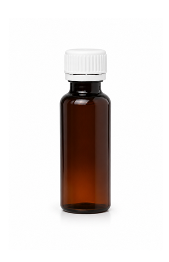 PET flakon, barna + GZ fehér kupak - 30 ml, Ø18-os száj, 50x