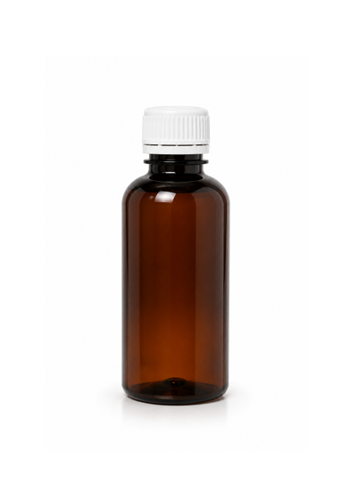 PET flakon, barna + GZ fehér kupak - 50 ml, Ø18-os száj, 50x