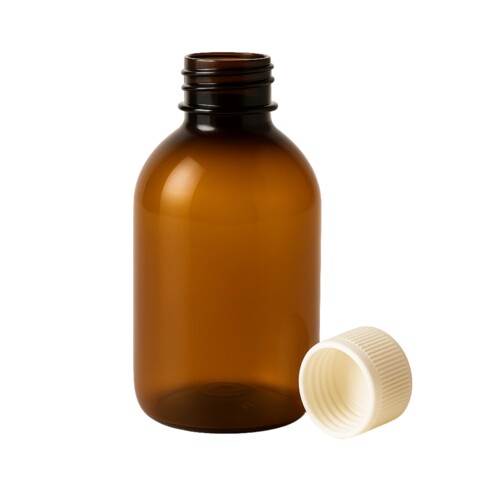 PET flakon, barna + GZ fehér kupak P - 200 ml, Ø28-as száj, 70x